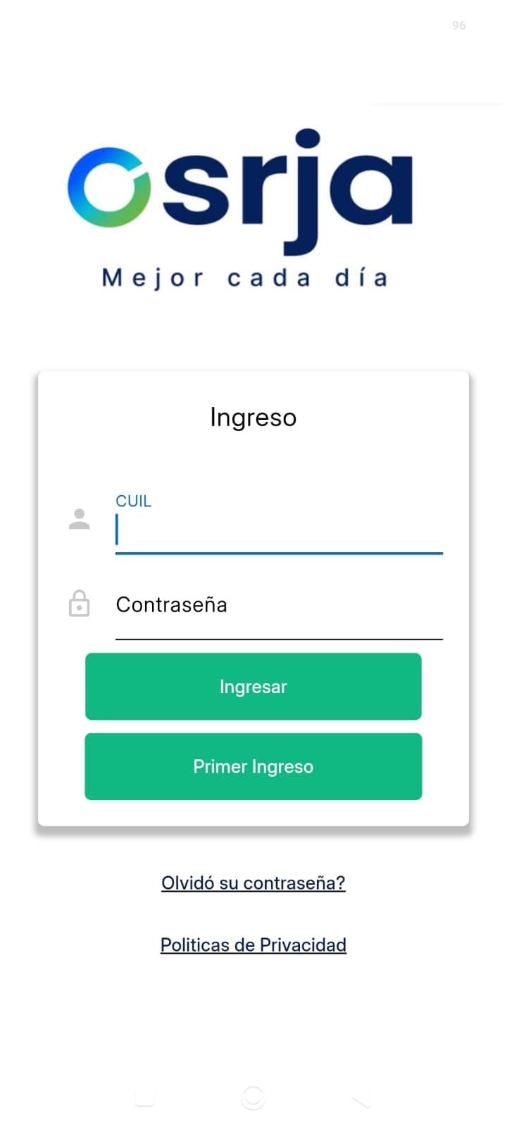 App OSRJA — pantalla de ingreso